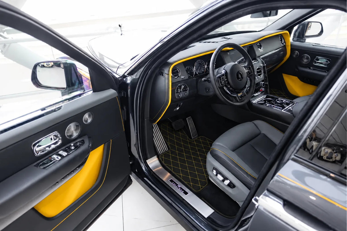 Customizable Leather Floor Mats with Single Diamond Pattern for Rolls Royce Cullinan (2018-2025) inside the vehicle