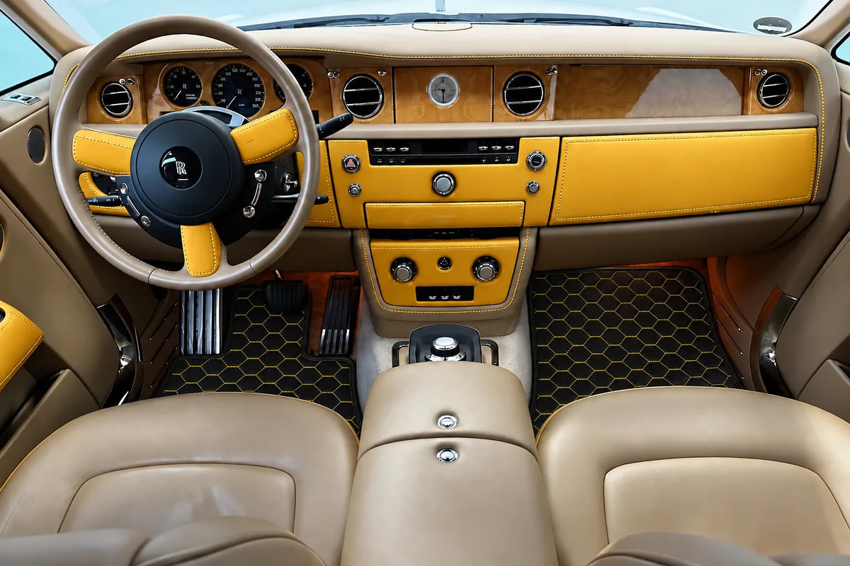 Customizable Leather Floor Mats with Symmetrical Hex Pattern for Rolls Royce Phantom Sedan (2003-2016) inside the vehicle
