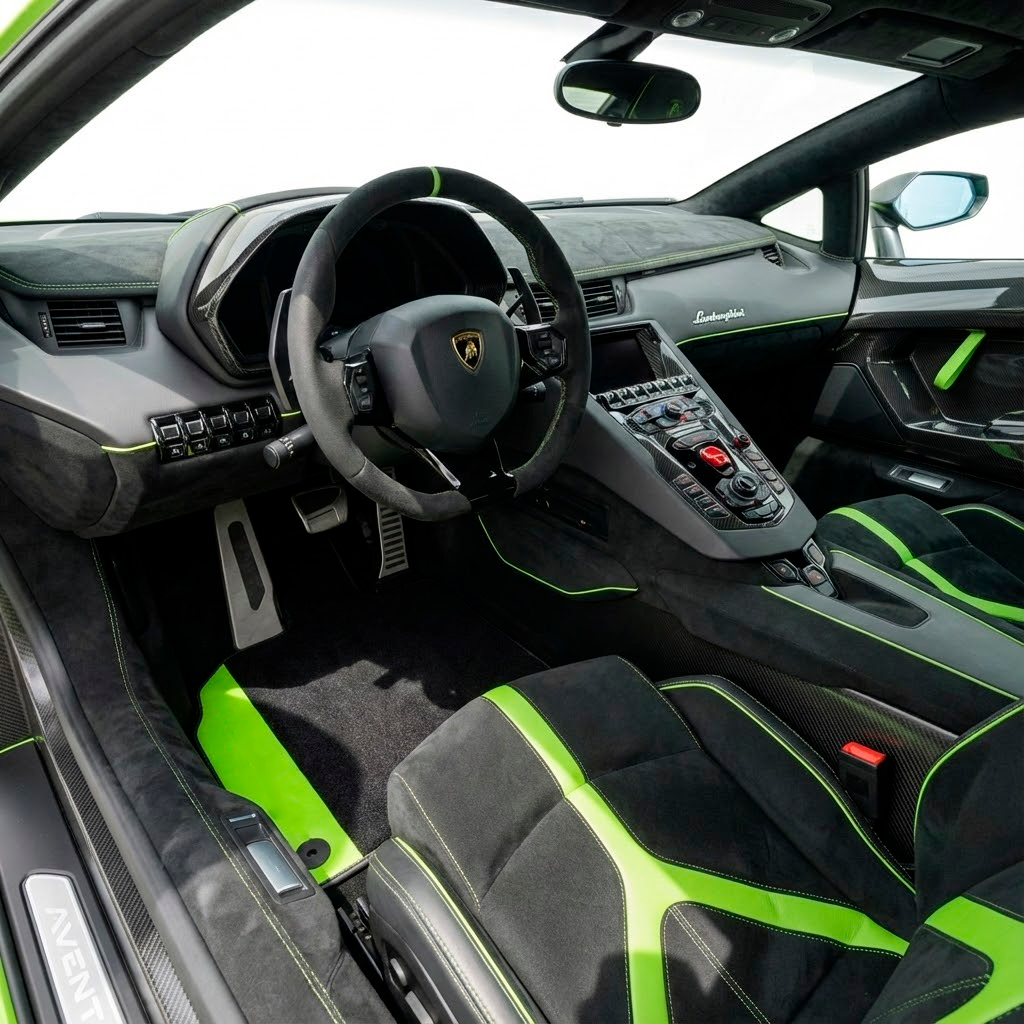 Mukautettavat mustat auton matsit Lamborghini Aventadorille vihreällä nahalla