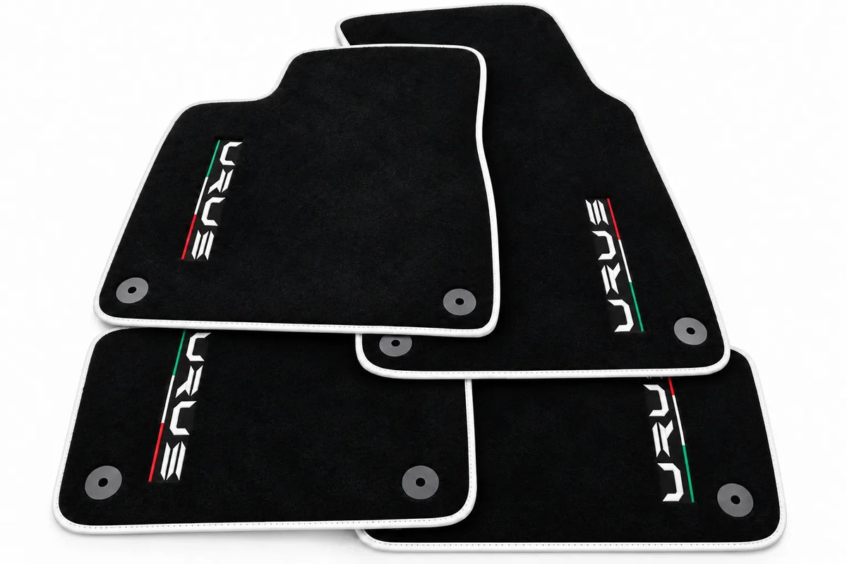 Floor Mats For Lamborghini Urus Black Tailored With Orange Rounds Carpets - White trim