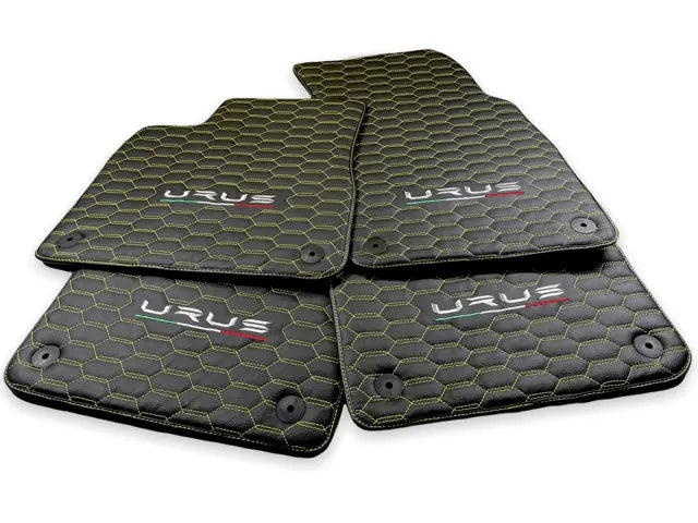 Floor Mats For Lamborghini Urus Leather Yellow Stitching - AutoWin