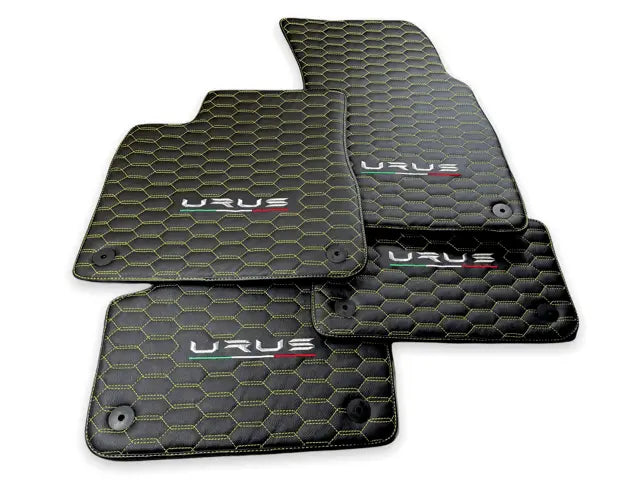 Floor Mats For Lamborghini Urus Leather Yellow Stitching - AutoWin
