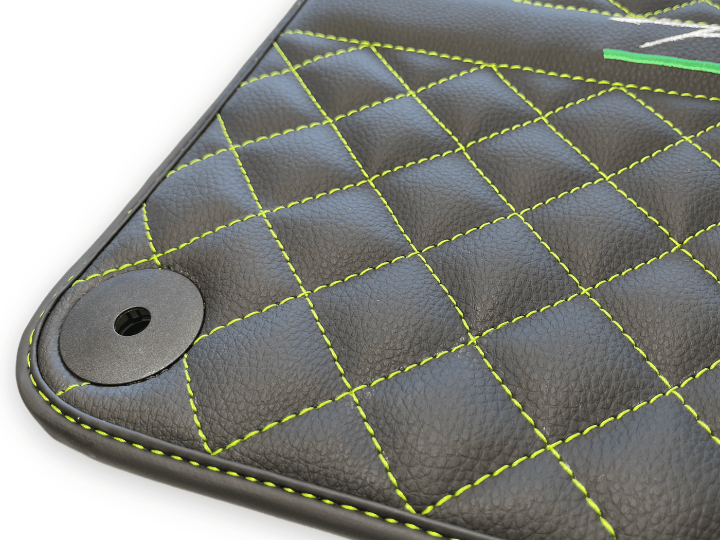 Black Leather Floor Mats for Lamborghini Huracan Perfomante | Green Stitching - AutoWin