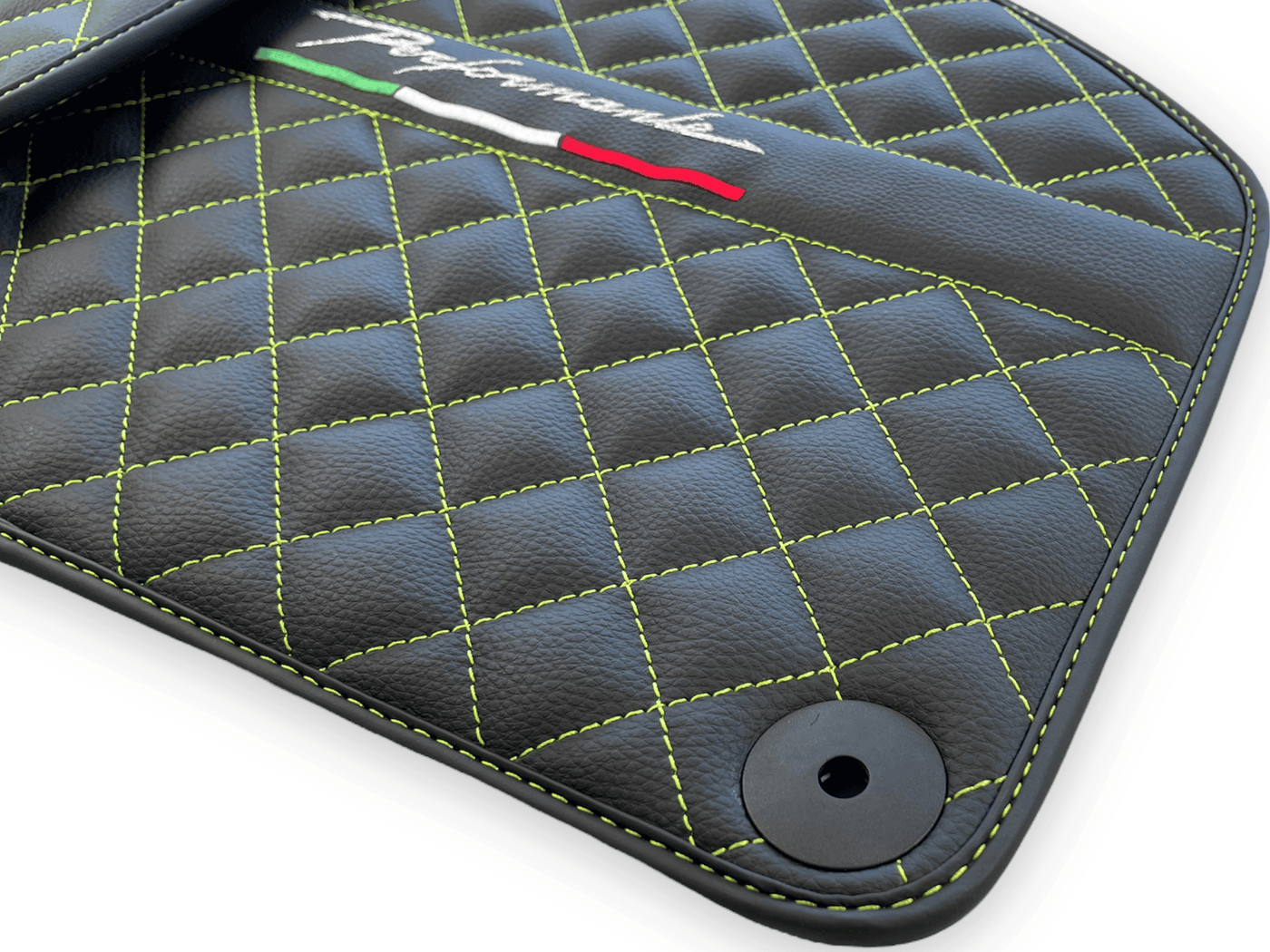 Black Leather Floor Mats for Lamborghini Huracan Perfomante | Green Stitching - AutoWin